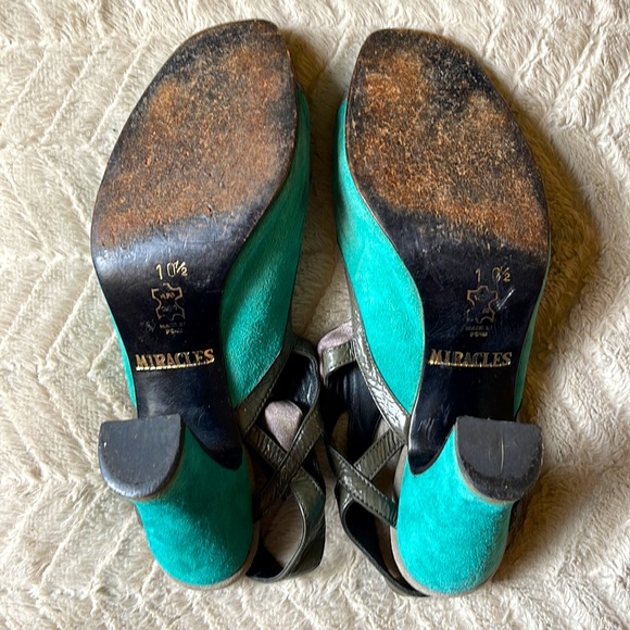 Used John Fluevog Turquoise Suede Miracle Heels - Picture 4 of 6